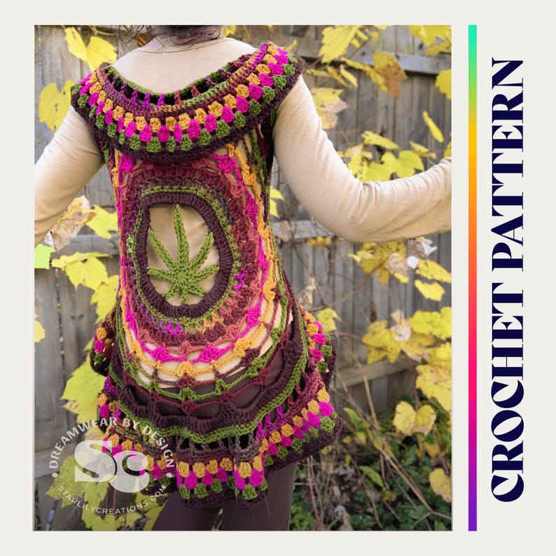 May include: A crochet vest with a marijuana leaf design in the center. The vest is made with a variety of colors, including brown, green, pink, and yellow. The vest has a scalloped hem and a crocheted collar.