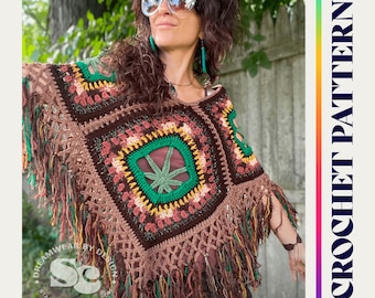 May include: A brown crochet poncho with a green marijuana leaf design in the center. The poncho has fringe around the edges and is worn by a person with long brown hair and sunglasses.