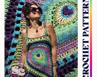 Peacock top crochet pattern, festival top, bohemian top, wearable art, OOAK, crochet halter top, womens crochet top