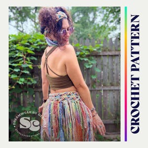 May include: A crochet pattern document featuring a multi-colored, fringed skirt with a decorative waistband and a solid olive green crop top with thin straps. The text CROCHET PATTERN is displayed vertically on the right side of the image.