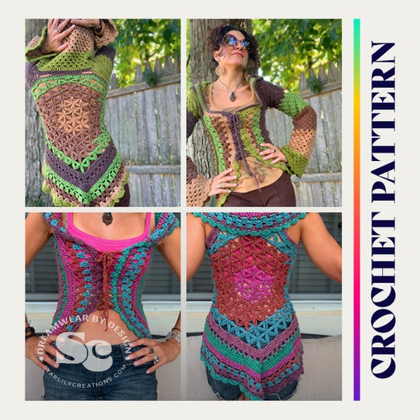 Flower of Life Bundle,  crochet pattern, Fae vest, oversized hood, bohemian clothing, boho clothes, women’s crochet, elven, hippie