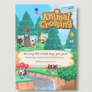 Modèle d'invitation à une fête d'anniversaire Animal Crossing.