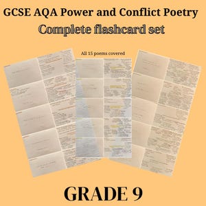 May include: A set of flashcards for GCSE AQA Power and Conflict Poetry. The flashcards are organised into a grid and cover all 15 poems. The text "GRADE 9" is printed at the bottom of the image.