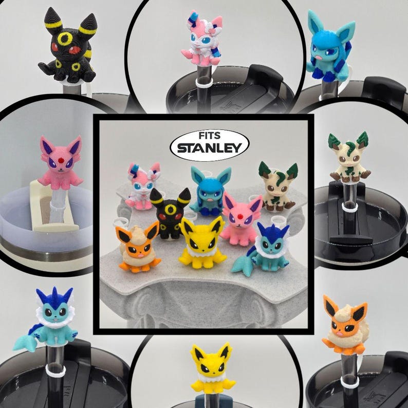 Puede incluir: Una colecci&oacute;n de coloridas figuras de personajes en miniatura, que incluyen un Umbreon negro y amarillo, un Sylveon rosa y blanco y un Glaceon azul. Las figuras est&aacute;n dise&ntilde;adas para adaptarse a los productos Stanley. La imagen central tiene el texto "FITS STANLEY".
