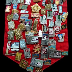 USSR Vintage badge pin. Set of badges on a pennant