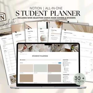 May include: A laptop showing a student planner interface, with printed pages around it. The screen displays "STUDENT PLANNER" and "My Courses." The text includes "NOTION | ALL-IN-ONE STUDENT PLANNER" and "30+ PAGES."