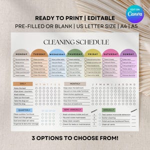 May include: A printable cleaning schedule with options for pre-filled or blank templates. The schedule is organized by day, week, month, and year, with a priority list. Includes US Letter, A4, and A5 sizes.