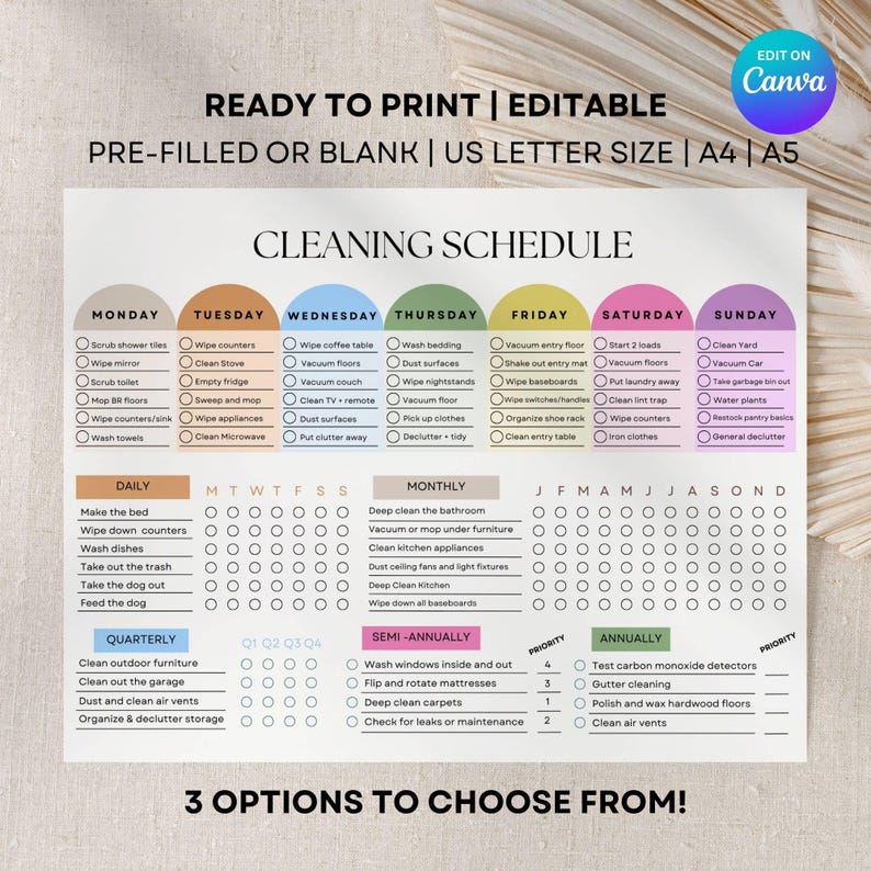 May include: A printable cleaning schedule with options for pre-filled or blank templates. The schedule is organized by day, week, month, and year, with a priority list. Includes US Letter, A4, and A5 sizes.
