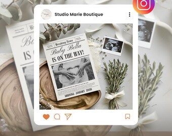 Newspaper Baby Announcement, Digital Social Media Pregnancy Reveal, Custom Newspaper Baby Template, Newspaper Pregnancy Announcement, Canva