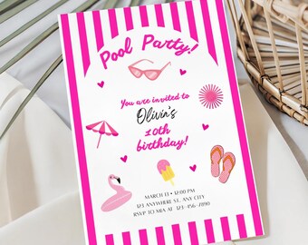 Girls Pink Pool Party Invitation Template, Girl Birthday Party Invitation, Summer Pool Party Invite, Printable Summer Birthday Invitation
