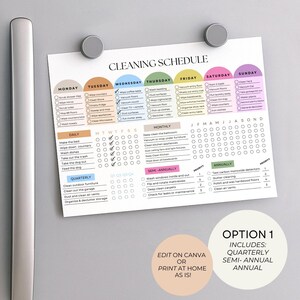 May include: A cleaning schedule printed on white paper, held by two silver magnets. The schedule is organized by day, with tasks listed for daily, quarterly, monthly, semi-annually, and annually. The text "CLEANING SCHEDULE" is at the top.