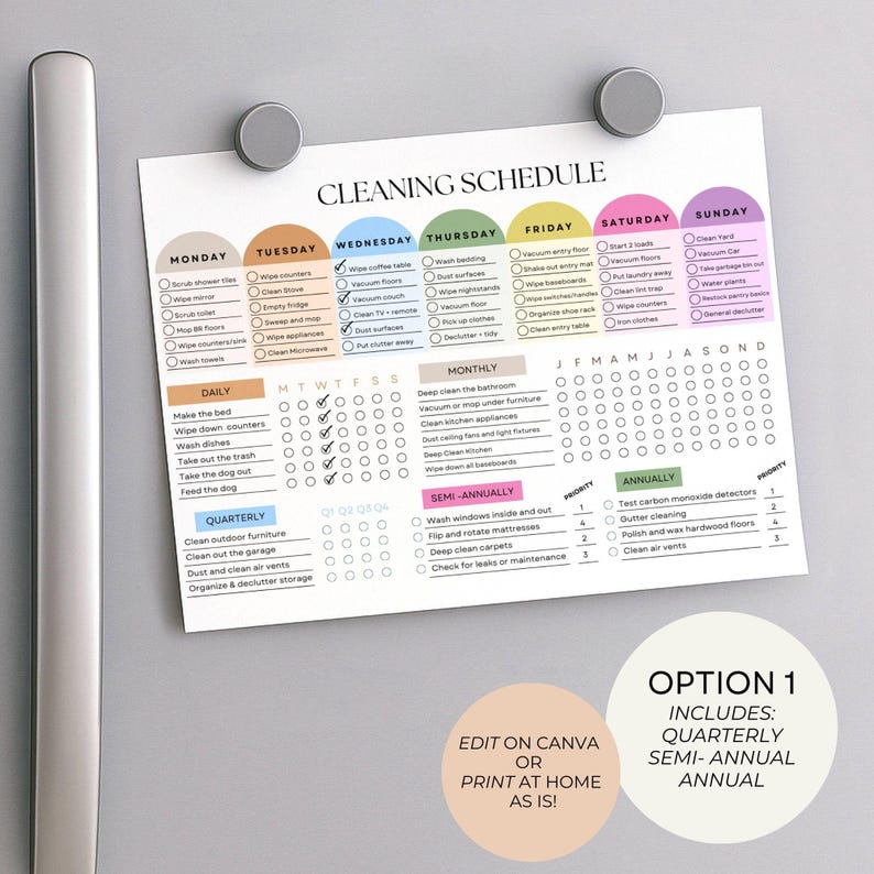 May include: A cleaning schedule printed on white paper, held by two silver magnets. The schedule is organized by day, with tasks listed for daily, quarterly, monthly, semi-annually, and annually. The text "CLEANING SCHEDULE" is at the top.