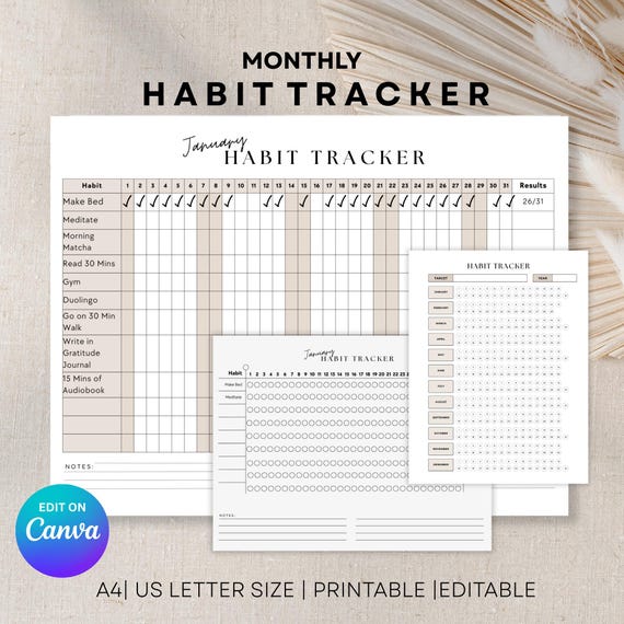 Printable Habit Tracker, Monthly Habit Tracker Printable Landscape, Editable Routine Tracker, Daily Habit Tracking Checklist, A4/Letter