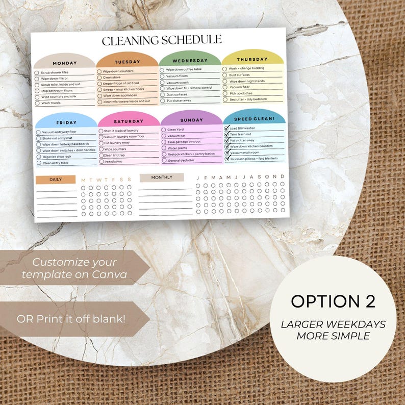 May include: A white cleaning schedule checklist with colorful headings for each day of the week. The schedule includes tasks like wiping counters, vacuuming, and taking out the trash. The text "CLEANING SCHEDULE" is at the top. The text "Customize your template on Canva" is at the bottom.