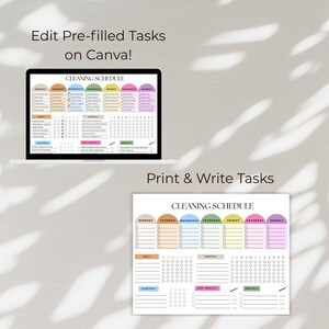 May include: A cleaning schedule template displayed on a laptop and a printed sheet. The schedule includes daily, weekly, monthly, quarterly, semi-annually, and annually tasks. The text "Edit Pre-filled Tasks on Canva!" is visible.