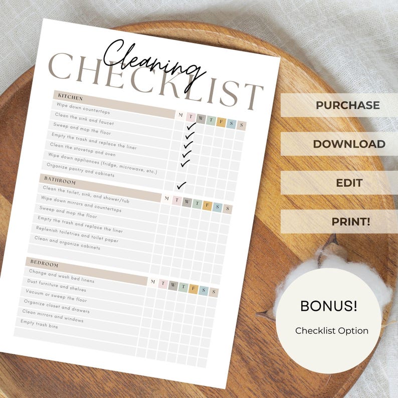 May include: A printable cleaning checklist with sections for the kitchen, bathroom, and bedroom. The checklist includes tasks like wiping countertops, cleaning appliances, and organizing cabinets. The words "Cleaning Checklist" are at the top. The image also includes options to purchase, download, edit, and print.