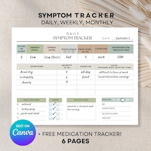 May include: A white symptom tracker printable with the text "Symptom Tracker" and "Daily, Weekly, Monthly." The tracker includes sections for sleep, energy, stress, mood, pain, and symptoms like brain fog. The Canva logo is visible.