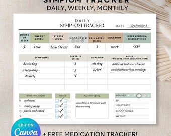 Pain and Symptom Tracker, Printable Daily, Weekly Symptom Log, Health Journal Migraine Tracker Chronic Pain Symptom Tracker Period Tracker