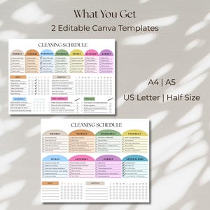 May include: Two editable Canva templates with cleaning schedules. The templates are in A4, A5, US Letter, and Half Size. The cleaning schedules are organized by day, with daily, monthly, quarterly, semi-annually, and annual tasks.