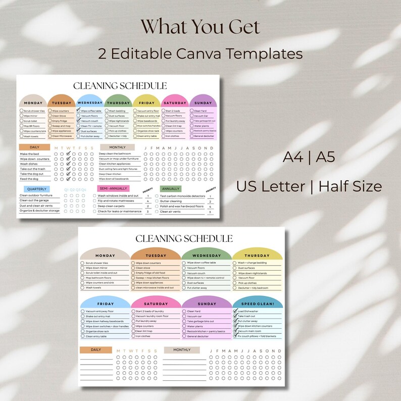 May include: Two editable Canva templates with cleaning schedules. The templates are in A4, A5, US Letter, and Half Size. The cleaning schedules are organized by day, with daily, monthly, quarterly, semi-annually, and annual tasks.
