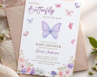 Butterfly Baby Shower Invitation Template, Purple Pink Girl Butterfly Invitation, Digital Butterfly Invitation, Baby in Bloom Wildflower