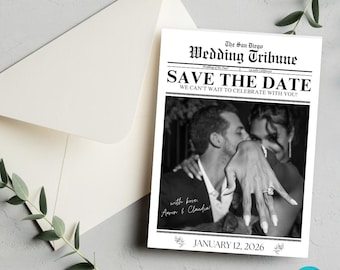 Save the Date Newspaper Card, Newspaper Save the Date, Newspaper Wedding Invite, Printable Wedding Invitation, Editable Save the Date, Canva