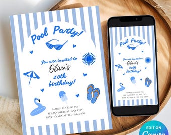 Pool Party Invitation Template, Summer Birthday Party Invitation, Summer Pool Party Invite, Printable Summer Birthday Invitation