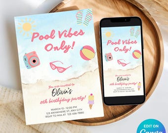 Digital Pool Party Birthday Invitation Template for Kids, Pastel Girl Pool Birthday Party, Summer Pool Party Invite Printable, Edit in Canva