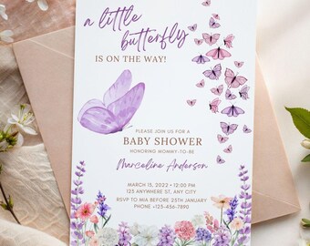 May include: A baby shower invitation with a butterfly theme. The invitation features a large purple butterfly illustration and the text "a little butterfly is on the way!". Additional butterflies in shades of pink and purple are scattered across the white background. Floral border at the bottom.