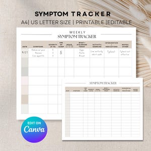 May include: Printable symptom tracker in A4 and US Letter sizes. The weekly tracker includes sections for symptoms, severity, sleep, mood, diet, activity, medications, and notes. The design is neutral with a beige and white colour scheme.