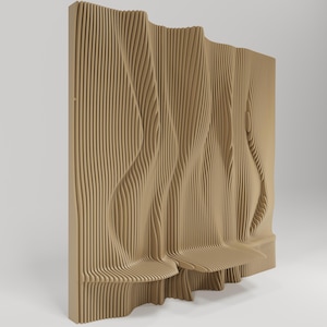 May include: A light brown wooden wall panel with a distinctive, undulating design. The panel has vertical lines that curve and flow, creating a three-dimensional effect. The design incorporates integrated seating areas, adding functionality to the artistic piece.