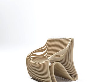 May include: A modern, sculptural chair made of light-colored wood. The chair features a unique design with curved, layered slats, creating an open and airy aesthetic. The chair's arms and back flow seamlessly, offering a stylish seating option.