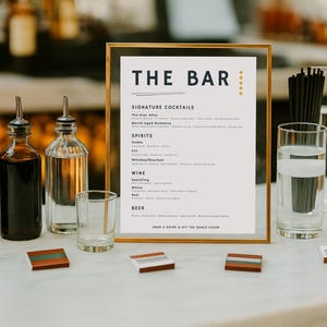 Modern Wedding Bar Menu Template | Editable Signature Cocktails, Spirits, Wine & Beer Sign | Canva Template for Reception Bar