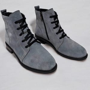 Handmade Women&#39;s Genuine Suede Leather Blue Lace-Up Zipper Boots | Comfortable & Stylish Daily Winter Ankle Boots | K.176-013