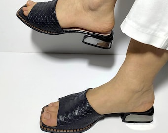 Women's Genuine Black Python Leather Slide Sandals – Handmade Heeled Mules K.100
