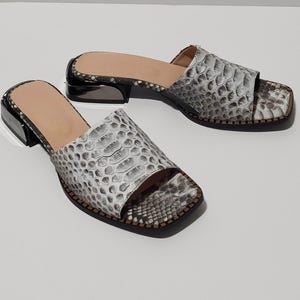 Könnte beinhalten: Ein Paar weiße Schlangenledersandalen mit quadratischer Zehenpartie. Die Sandalen haben einen niedrigen Blockabsatz und ein Slip-On-Design.