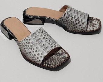 Women's Genuine Natural Grey Python Leather Slide Sandals – Handmade Heeled Mules K.100