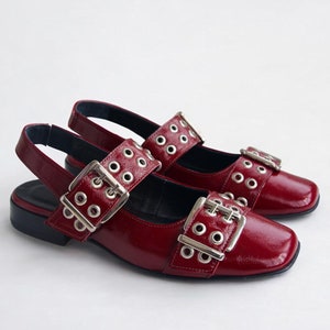 Handcrafted Women&#39;s Burgundy Genuine Patent Leather Backless Flats | Studded & Buckle Detail Comfortable Shoes | Casual Everyday K.3510-250