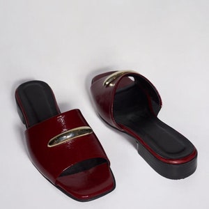 Handcrafted Women&#39;s Burgundy Patent Genuine Leather Stylish Slip-On Slides with Gold Buckle - K.358-250