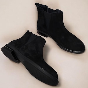 Handcrafted Genuine Suede Leather Black Chelsea Boots / Comfortable & Stylish Women&#39;s Winter Ankle Boots / Elastic Design K.177-035