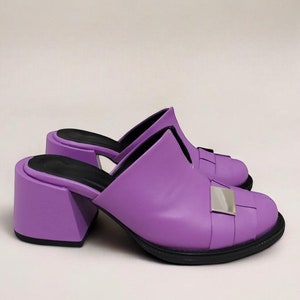 Women's Genuine Leather Purple Heeled Stylish Sabot Mules, Women Slippers, clogs | Closed-Toe Buckled Daily, Slip On, Open-Back K.168.038