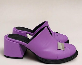 Women&#39;s Genuine Leather Purple Heeled Stylish Sabot Mules, Women Slippers, clogs | Closed-Toe Buckled Daily, Slip On, Open-Back K.168.038