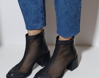 Handmade Black Leather Mesh Ankle Boots – Block Heel Booties
