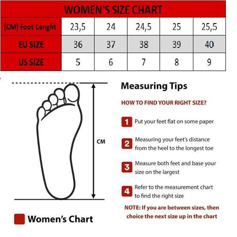 May include: A women's shoe size chart with measurements in centimetres, EU sizes, and US sizes. Includes instructions on how to measure feet for the correct shoe size. The chart shows foot lengths from 23.5 cm to 25.5 cm.