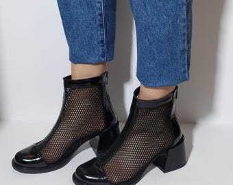 Handmade Black Patent Leather Mesh Ankle Boots – Block Heel Booties