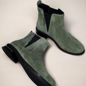 Handcrafted Genuine Suede Leather Khaki Chelsea Boots / Comfortable & Stylish Women&#39;s Winter Ankle Boots / Elastic Design K.177-037