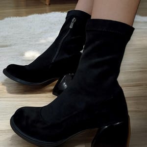 Genuine Leather Handmade Women&#39;s genuine black suede leather Black Zippered Stretch 6 cm Heeled Ankle Boots