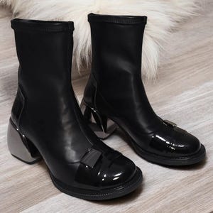Genuine Leather Handmade Stretch 6 cm Heeled Ankle Boots Women&#39;s Black /genuine black suede leather Boot with Front Buckle Black nickel heel