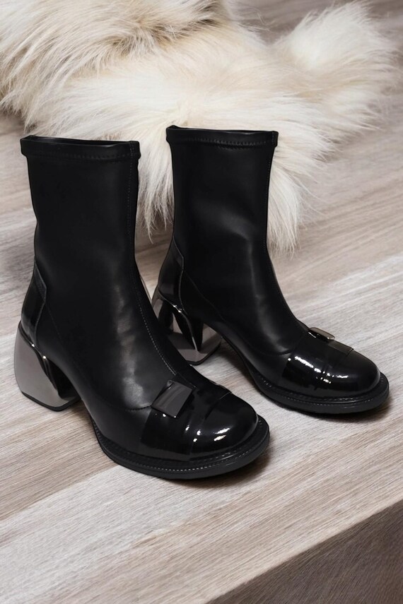 Genuine Leather Handmade Stretch 6 Cm Heeled Ankle Boots Women s Black genuine Black Suede Leather Boot With Front Buckle Black Nickel Heel Etsy