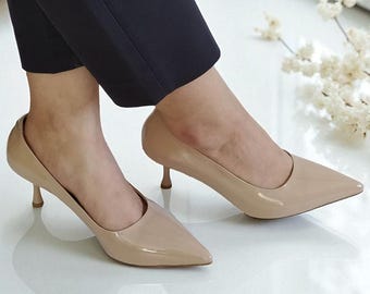 Genuine  Patent Leather Beige Stiletto Heels,7 cm Heel Pointed Toe Elegant Shoes